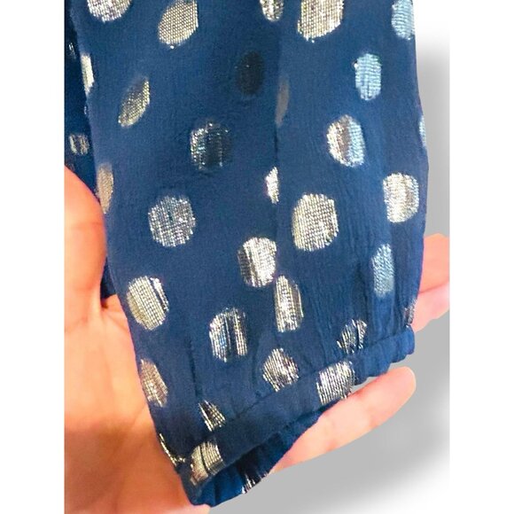 SALONI Navy Tilly Dress Womens Sz 6 Metallic Polka Dots Silk Ruffle Drop Waist - Picture 4 of 16